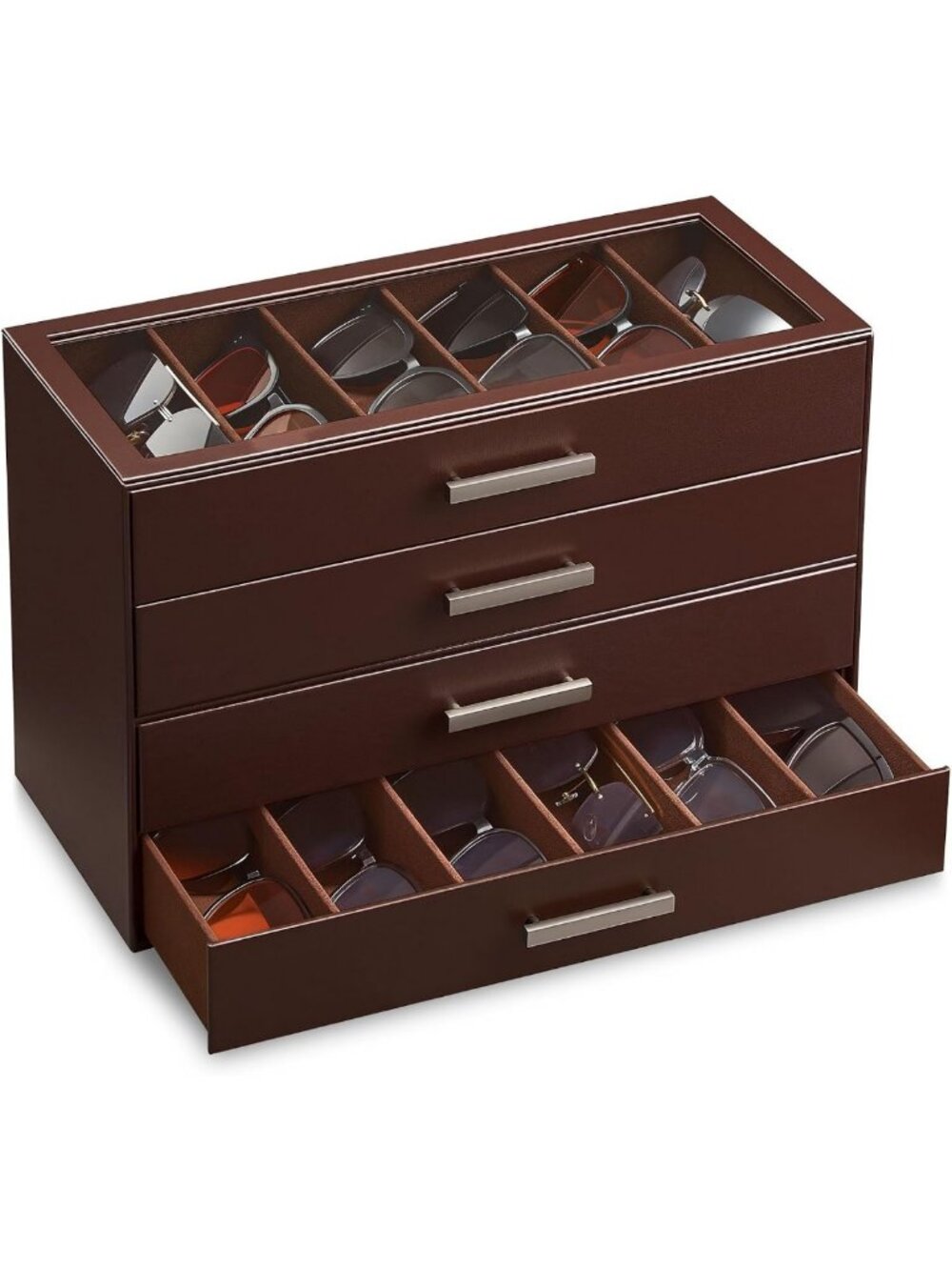 Stylish Eyeglass Storage Box with Clear Lid, PU Leather Sunglasses Organizer